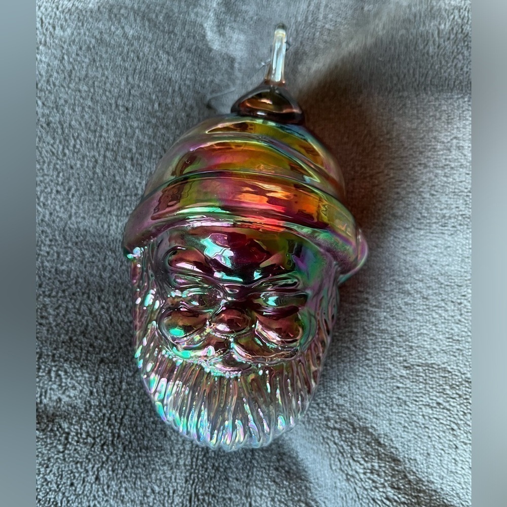 Iridescent Santa Head Thick Glass Ornament EUC